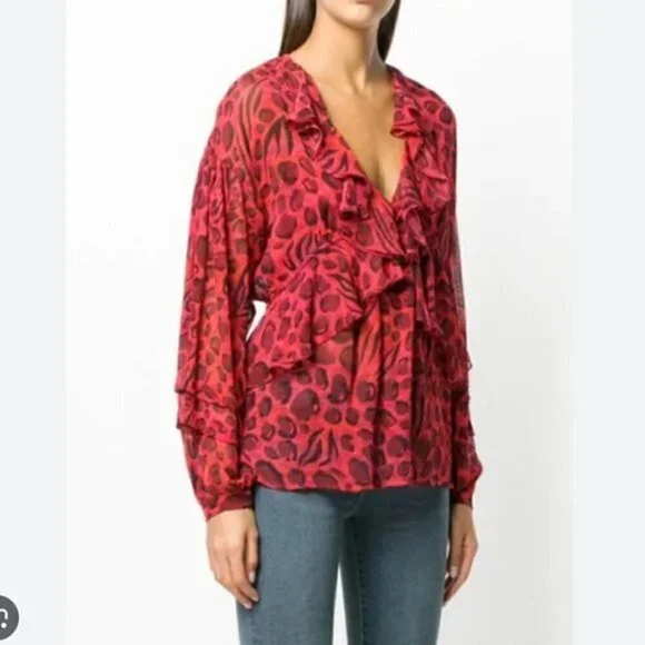 IRO Realize Red Leopard Ruffle Blouse 36 - Picture 2 of 8